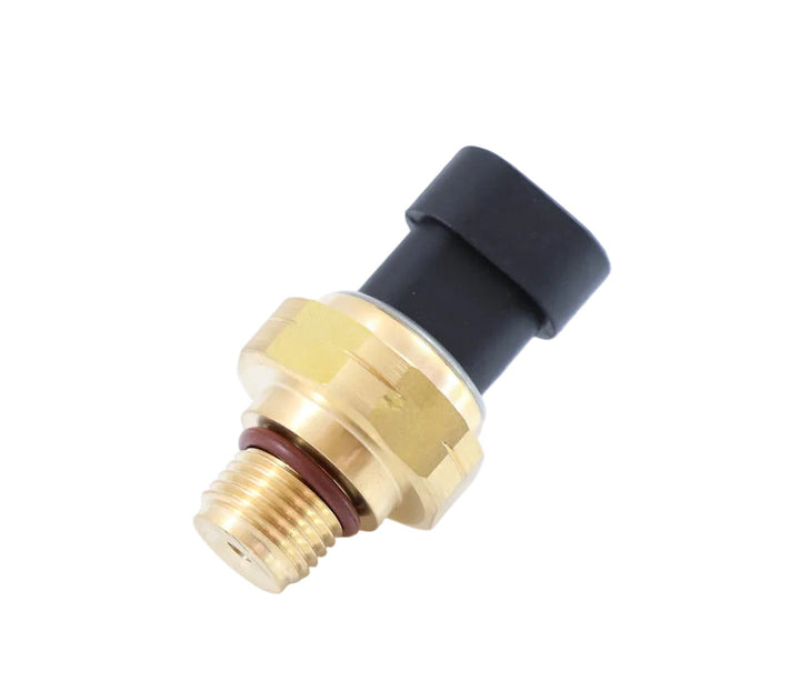 Advance Truck Parts USA 3654108 Cummins oil pressure sensor showing a close-up studio perspective of the brass threaded base with O-ring and black connector