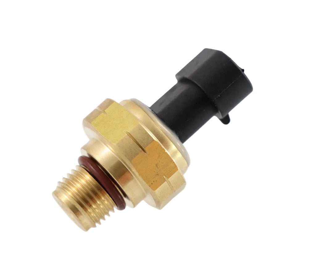 Advance Truck Parts USA 3654108 Cummins oil pressure sensor showing a close-up studio perspective of the brass threaded base with O-ring and black connector