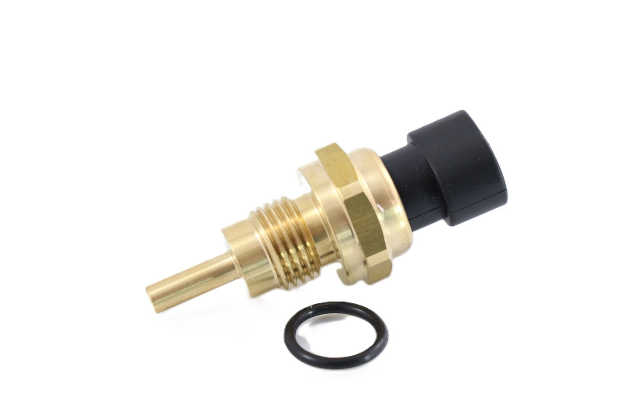 Advance Truck Parts USA 3865312 and 3081311 Cummins temperature sensor showing a clean studio view of the brass threaded probe, o-ring seal, and electrical connector on a plain white background