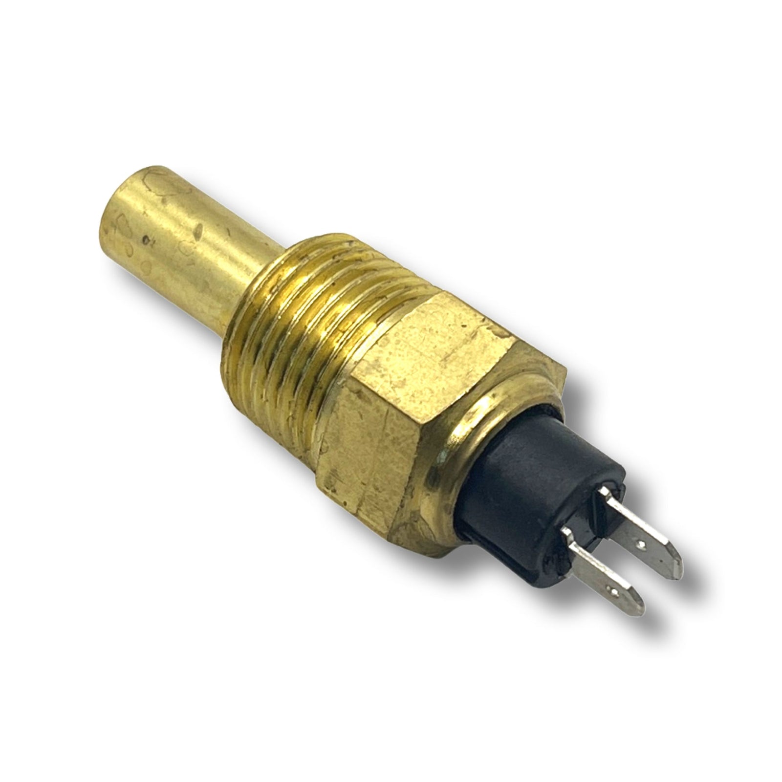Advance Truck Parts USA 3967250 Cummins coolant temperature sensor showing a clean studio view of the brass threaded fitting, probe, and 2-pin terminal on a plain white background
