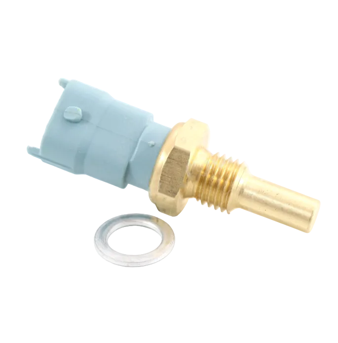 Advance Truck Parts USA Polaris 4010644 water temperature sensor featuring brass threaded body, immersion probe tip, light blue connector housing, and sealing crush washer