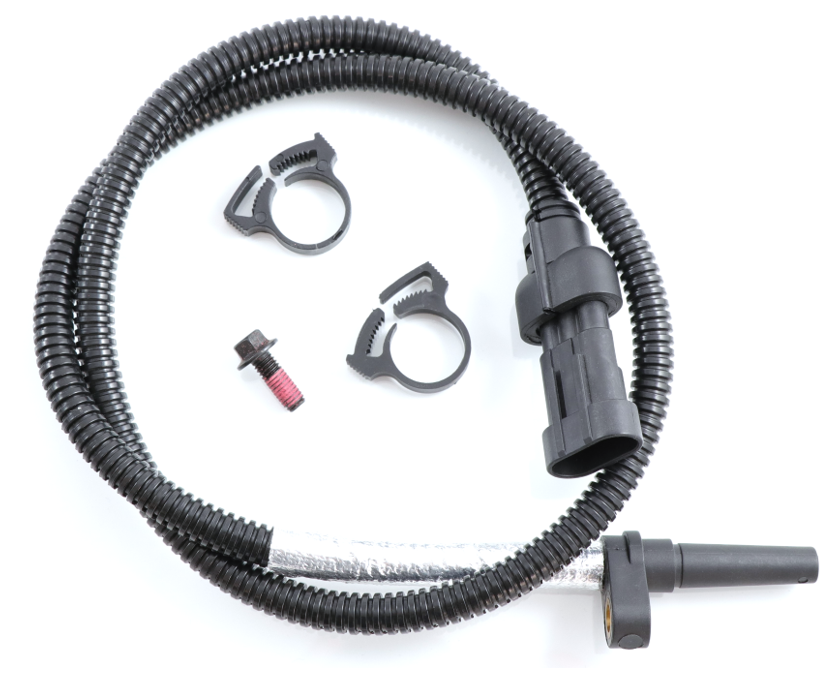Advance Truck Parts USA 4034200 Cummins turbocharger speed sensor kit showing a close-up studio perspective of the protected wiring harness, sensor probe, mounting screw, and retaining clips
