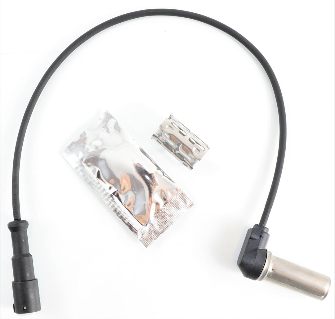 Advance Truck Parts USA 4410309072 90-degree ABS sensor cable showing a clean studio view of the sensor probe, wiring harness, dielectric grease packet, and installation clip on a plain white background