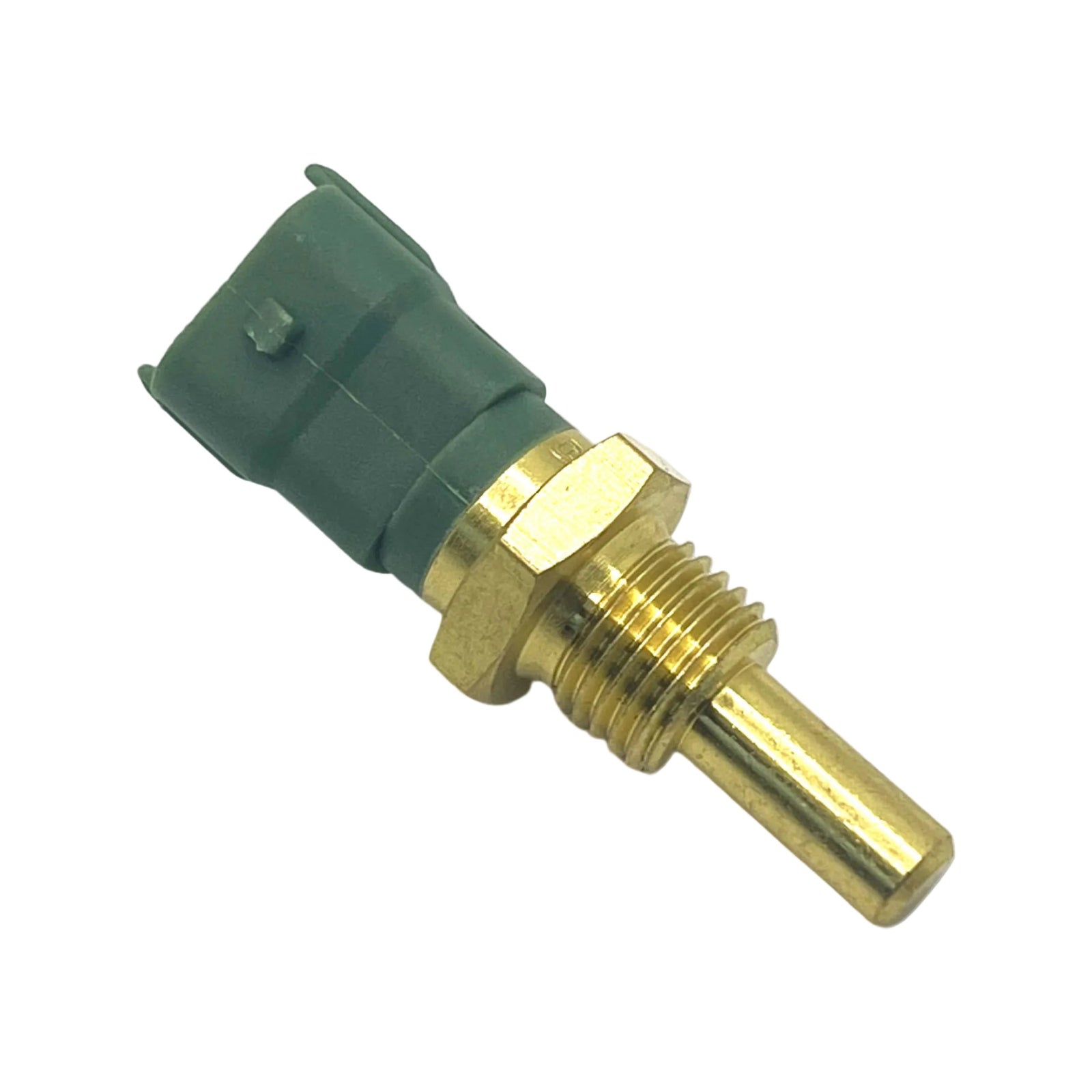 Advance Truck Parts USA 4897224 Cummins fuel and coolant temperature sensor showing a close-up studio perspective of the brass threaded fitting, hex nut, and green connector housing