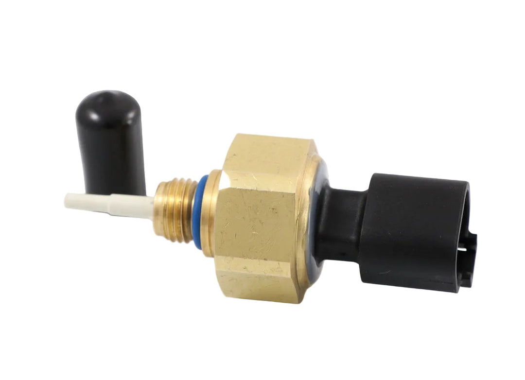 Advance Truck Parts USA 4921473 Cummins temperature and pressure sensor showing a clean studio view of the brass hex fitting, sensor probe with protective cap, and connector housing 