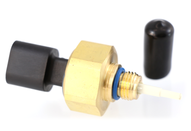 Advance Truck Parts USA 4921475 Cummins ISX and QSX oil pressure and temperature sensor showing a close-up studio perspective of the brass hex fitting, blue O-ring, and protective thread cap