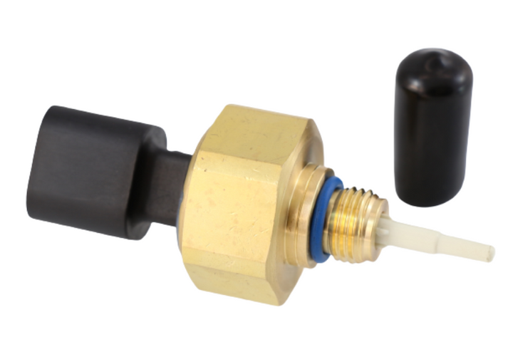 Advance Truck Parts USA 4921475 Cummins dual pressure and temperature sensor showing brass body, blue O-ring, ceramic temperature tip, and black protective cap detached