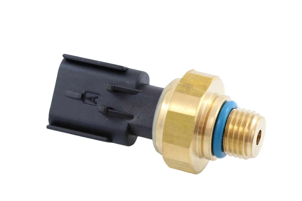 Advance Truck Parts USA 4921517 Cummins ISX oil pressure sensor showing a clean studio view of the brass threaded fitting, blue O-ring, and black electrical connector