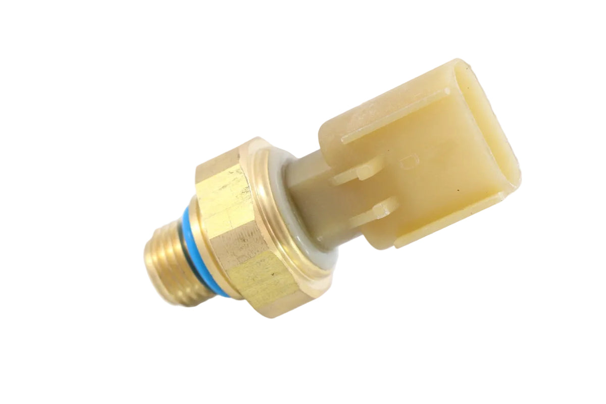 Advance Truck Parts USA 4928593 Cummins pressure sensor showing a clean studio view of the threaded brass fitting, blue O-ring seal, and beige electrical connector 