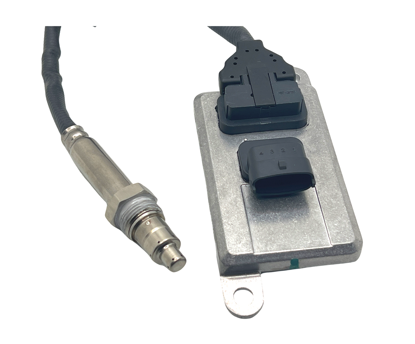 Advance Truck Parts USA 4954222 Cummins nitrogen oxide sensor showing a close-up studio perspective of the threaded sensor probe and control module with a 4-terminal linear connector