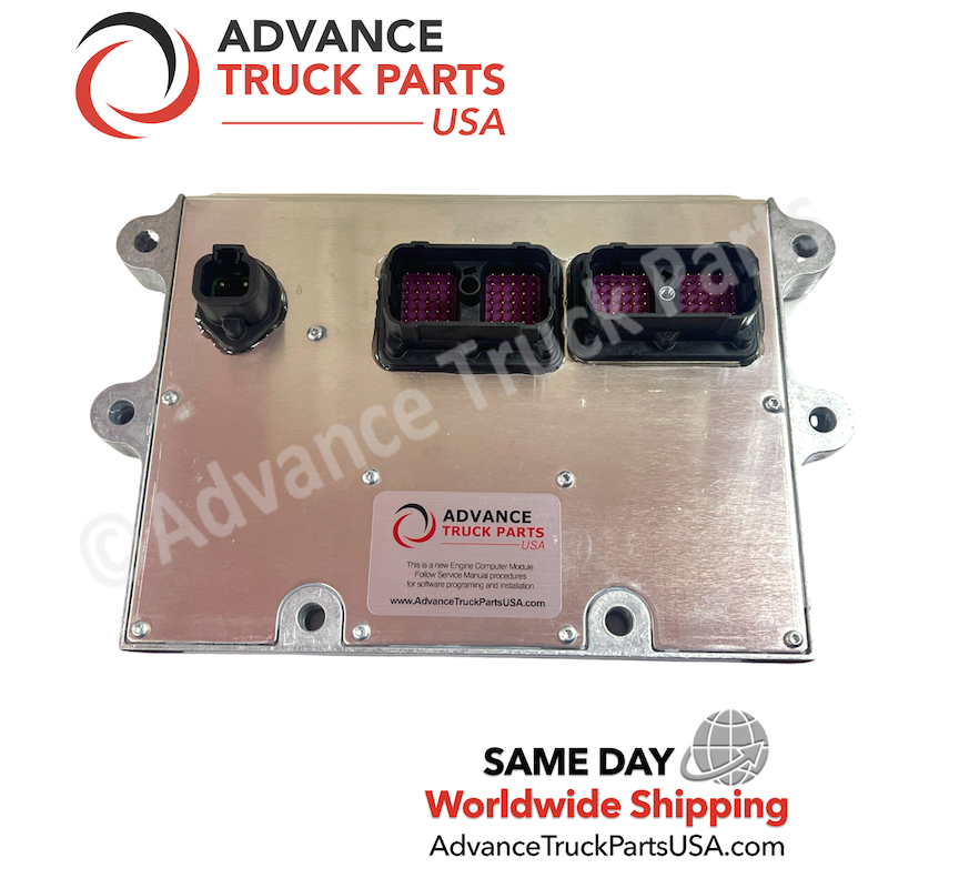 Advance Truck Parts USA 4963807 genuine Cummins electronic control module ECM showing a clean studio perspective of the metal housing, connector ports, and information label