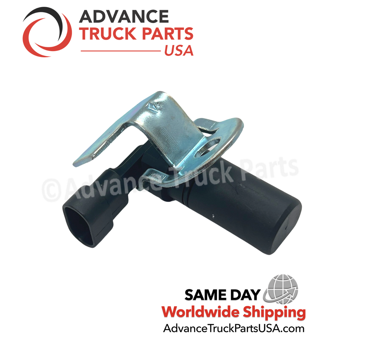 Advance Truck Parts USA 5015488AB Dodge position sensor showing a close-up studio perspective of the black sensor body, mounting bracket, and connector plug
