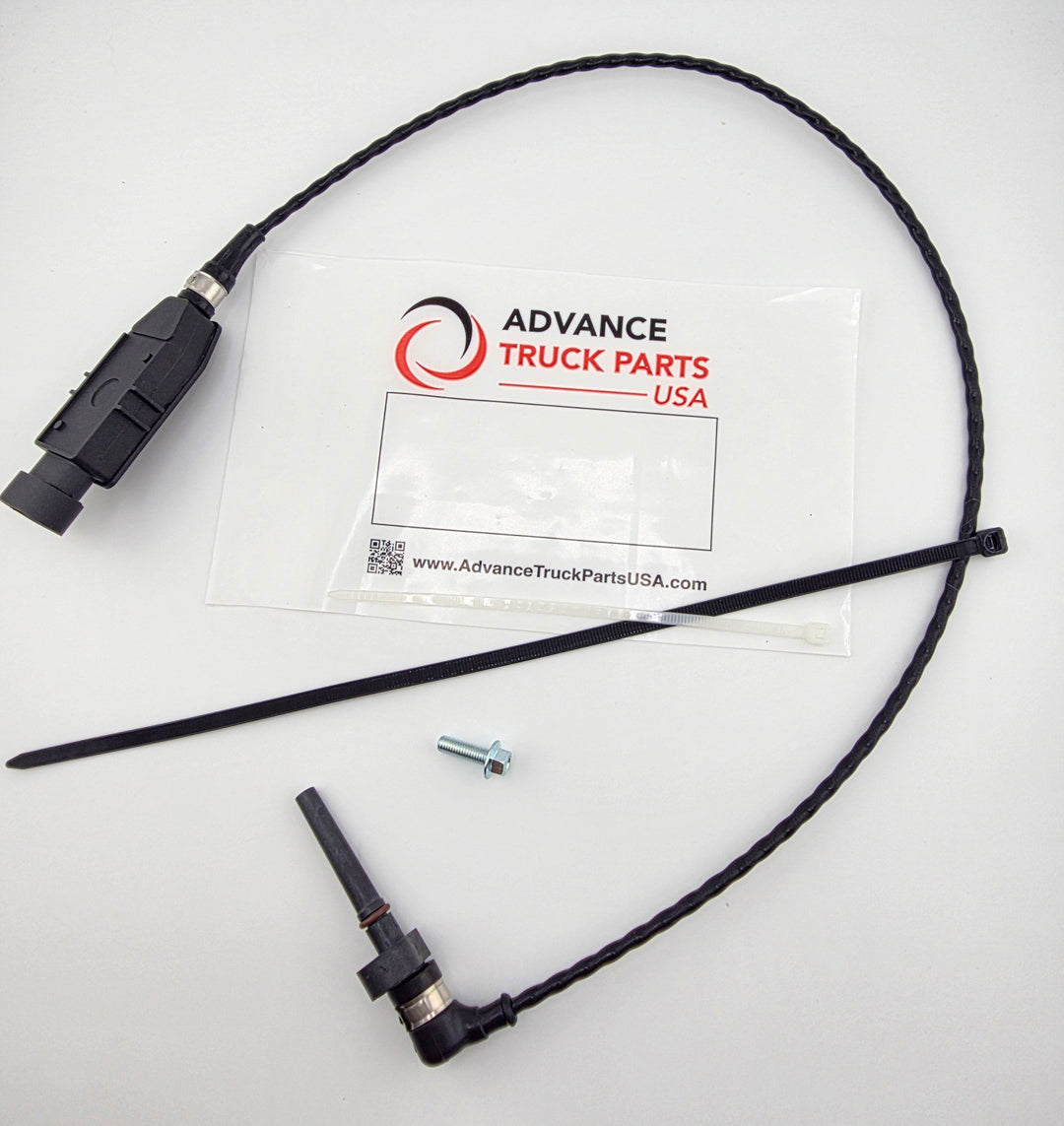 Advance Truck Parts USA 5551007 Cummins turbocharger speed sensor kit showing the black sensor probe, high-temperature twisted cable, 3-pin connector, mounting screw, and zip tie