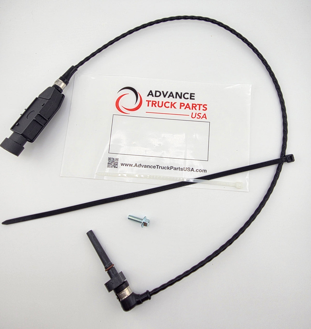 Advance Truck Parts USA 5551007 Cummins turbocharger speed sensor kit showing the black sensor probe, high-temperature twisted cable, 3-pin connector, mounting screw, and zip tie