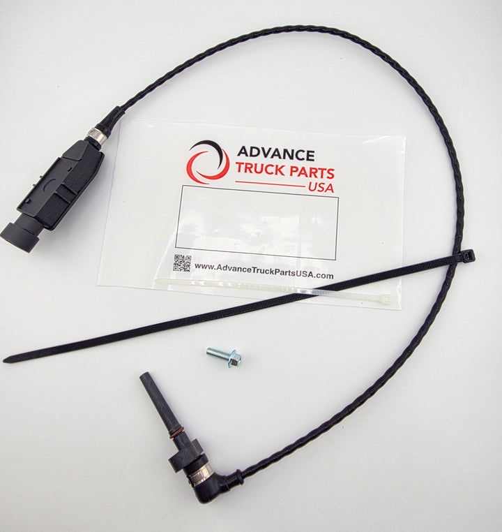 Advance Truck Parts USA 5551007 Cummins turbocharger speed sensor kit showing the black sensor probe, high-temperature twisted cable, 3-pin connector, mounting screw, and zip tie