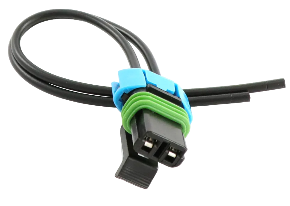 Advance Truck Parts USA 5572791 2-pin pigtail connector showing a clean studio view of the black connector housing, blue locking tab, green seal, and wire leads 