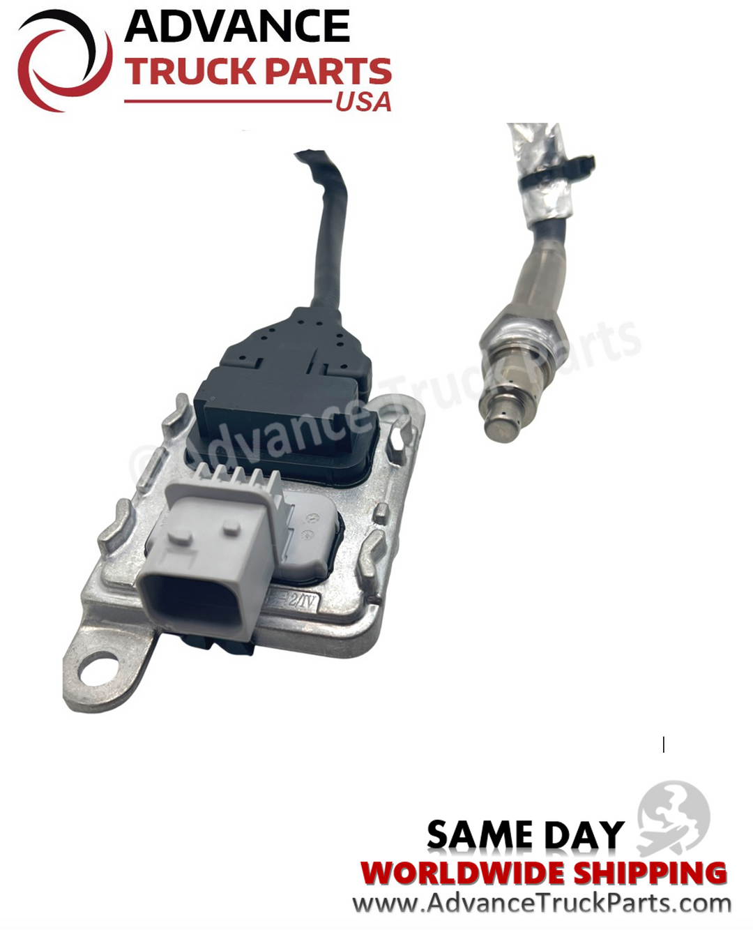 Advance Truck Parts USA 5WK97336A Freightliner and Detroit Diesel nitrogen oxide sensor showing a close-up studio perspective of the electronic control unit module and threaded exhaust probe