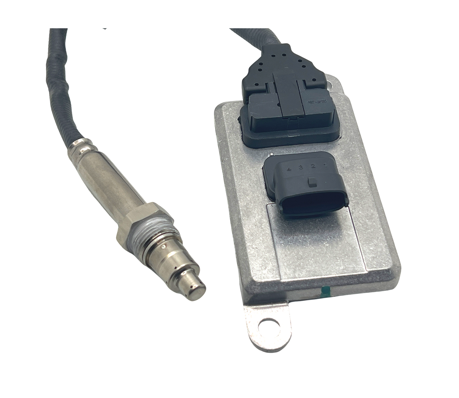 Advance Truck Parts USA 5WK96675A Continental nitrogen oxide sensor showing a close-up studio perspective of the electronic control unit and threaded probe