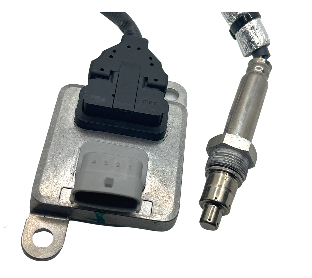 Advance Truck Parts USA 5WK96692A Cummins NOx sensor showing a clean studio perspective of the control module, thermal-wrapped wire harness, and sensor probe