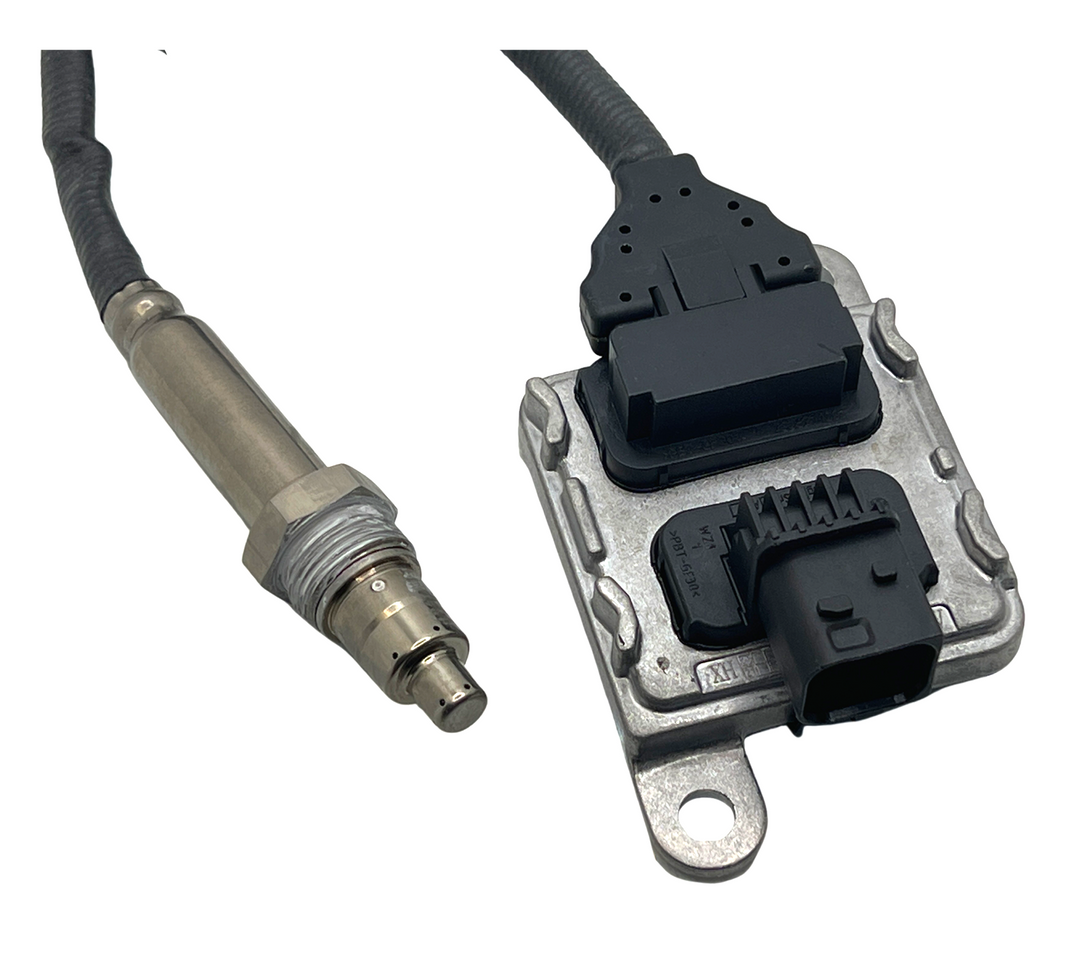 Advance Truck Parts USA 5WK96753B Cummins NOx sensor showing a clean studio perspective of the control module, wire harness, and sensor probe