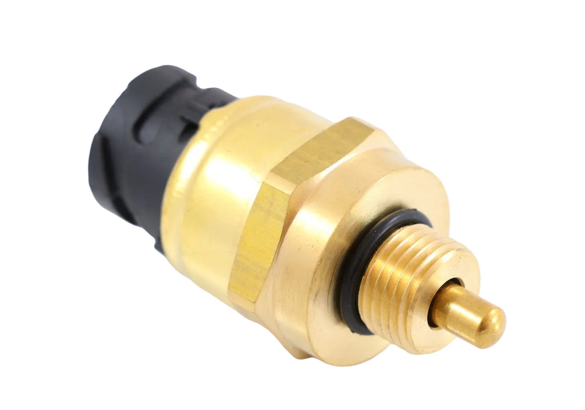 Advance Truck Parts USA 63038 Volvo D12 oil pressure and temperature sensor showing a clean studio view of the brass body, O-ring seal, and threaded probe tip on a plain white background