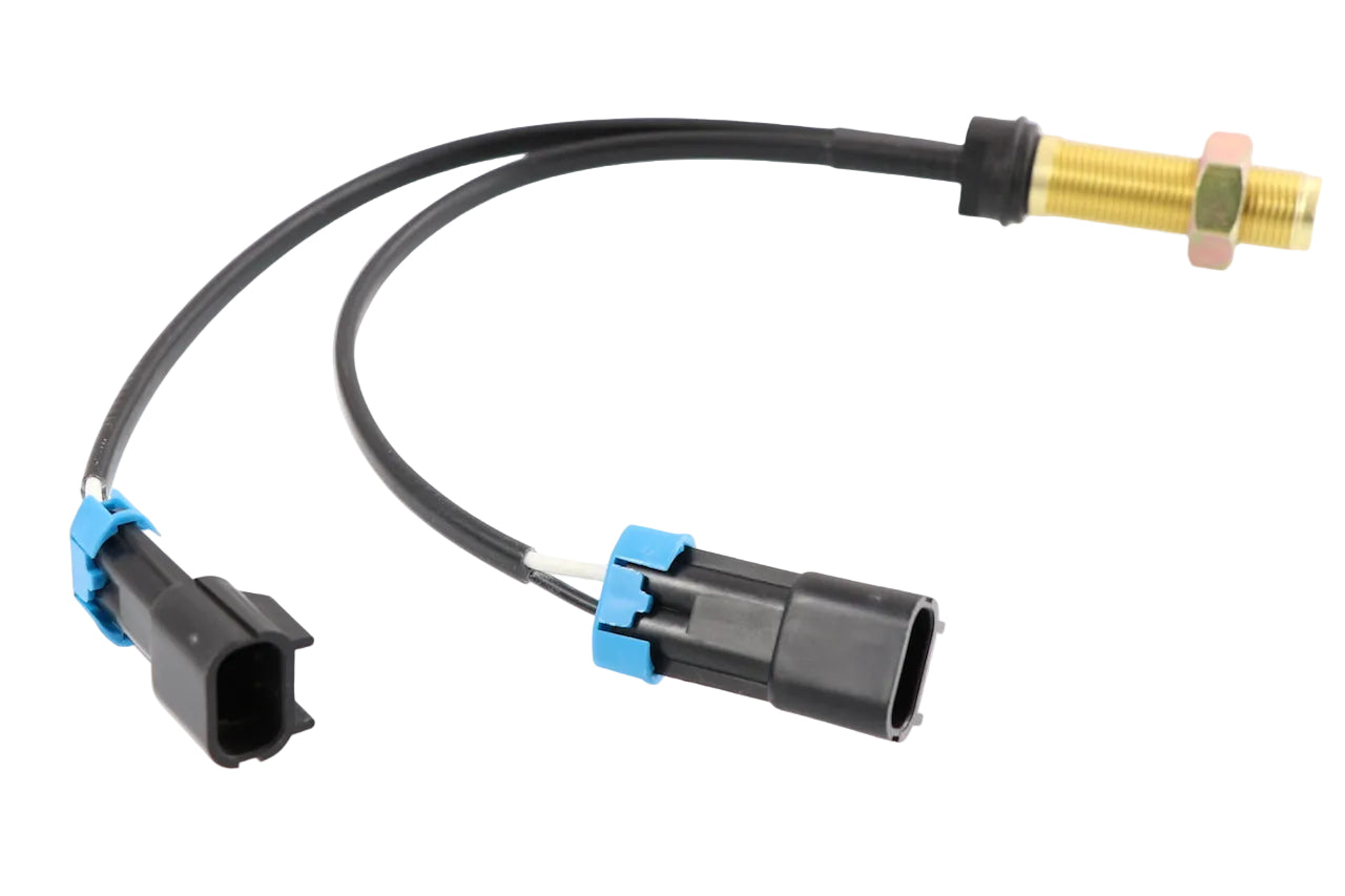 Advance Truck Parts USA 64MT412M Mack speedometer and tachometer sensor showing a clean studio view of the threaded brass probe, wiring harness, and dual connectors on a plain white background