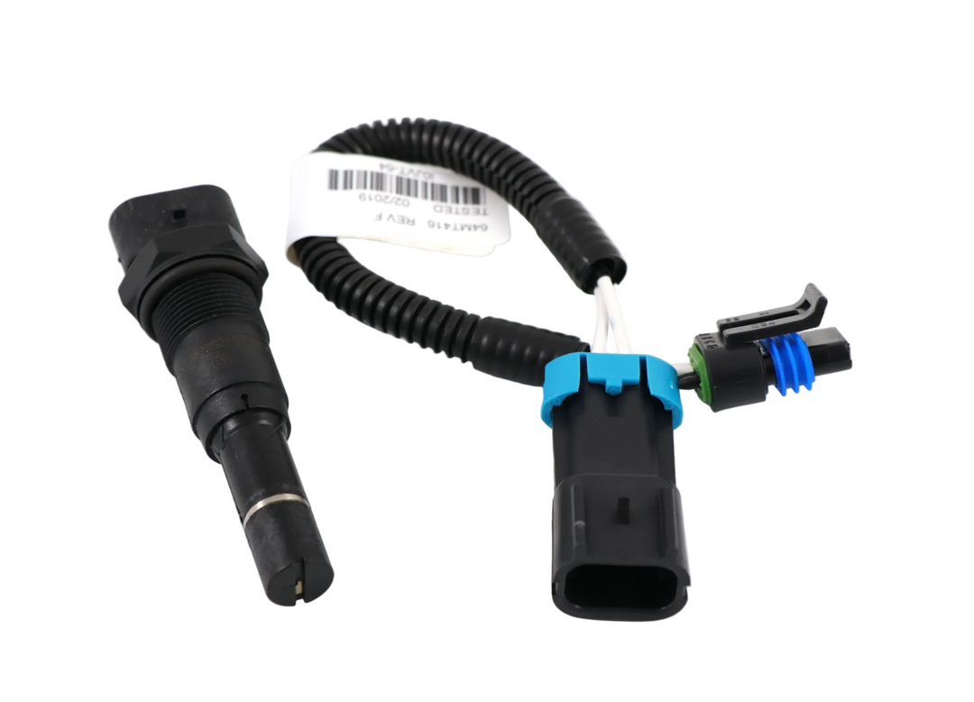 Advance Truck Parts USA 64MT416 Mack magnetic sensor pickup featuring 13/16-20 threaded probe barrel, protective wire loom, and dual-connector harness