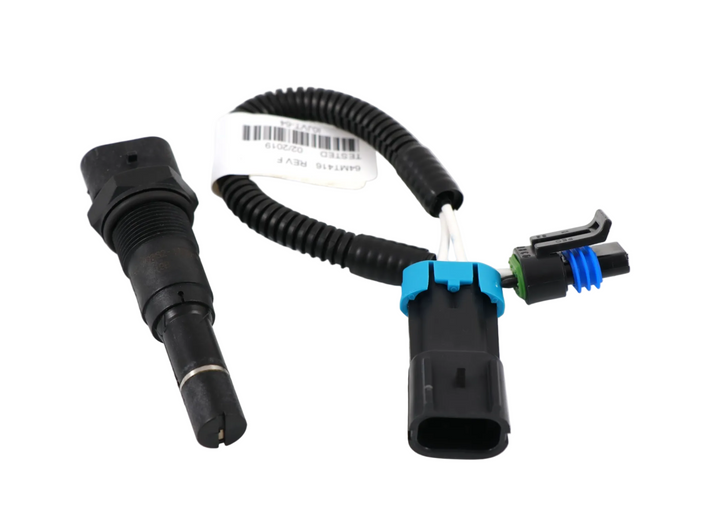 Advance Truck Parts USA 64MT416 Mack magnetic sensor pickup featuring 13/16-20 threaded probe barrel, protective wire loom, and dual-connector harness