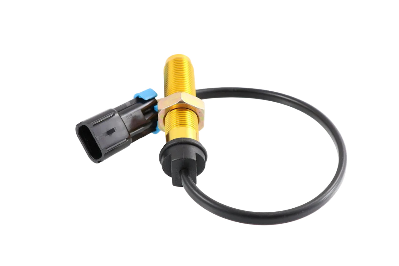 Advance Truck Parts USA 64MT435M speed sensor showing a clean studio view of the threaded brass body, mounting hex nut, attached pigtail harness, and 2-pin connector on a plain white background