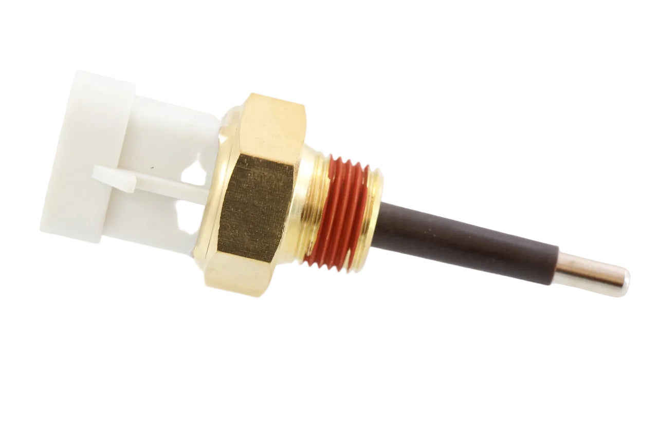 Advance Truck Parts USA 64MT299M Mack engine coolant level sensor showing a clean studio view of the brass threaded body, red thread sealant, probe tip, and white connector on a plain white background
