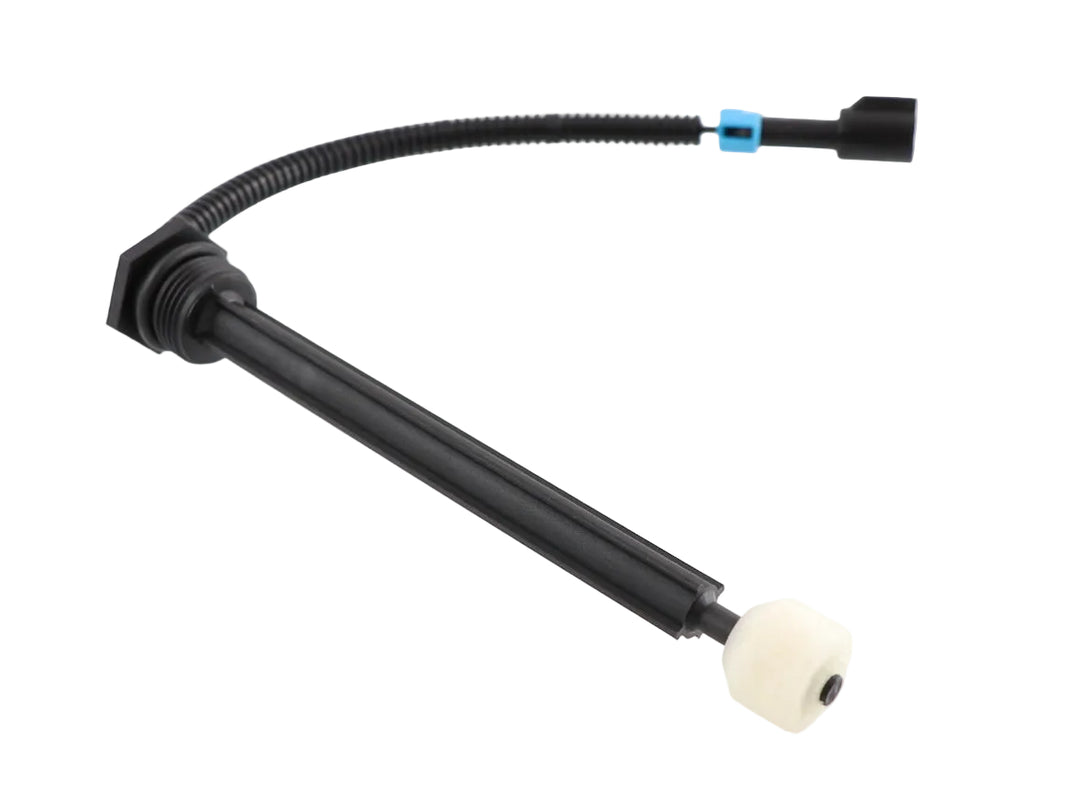 Advance Truck Parts USA 64MT482AM 10-inch heavy-duty engine coolant level sensor featuring threaded mounting collar, vertical black immersion stem, float ball, and corrugated wire harness with sealed connector