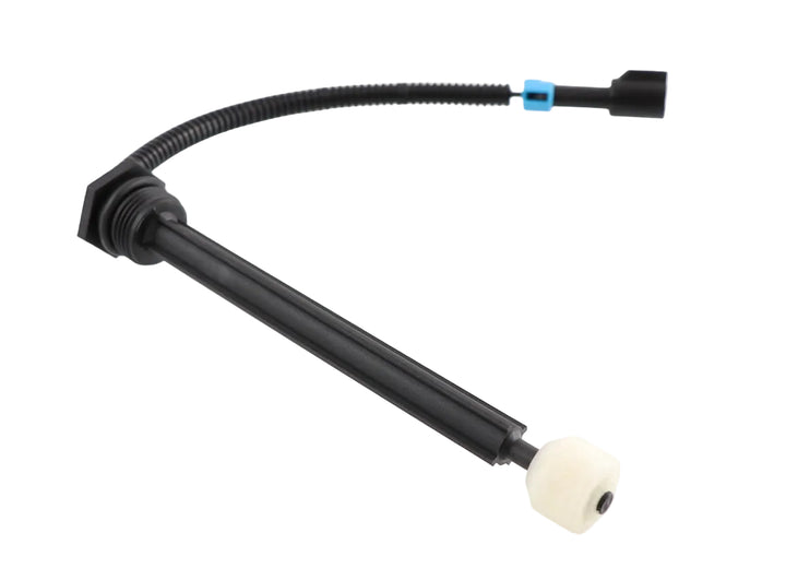 Advance Truck Parts USA 64MT482AM 10-inch heavy-duty engine coolant level sensor featuring threaded mounting collar, vertical black immersion stem, float ball, and corrugated wire harness with sealed connector