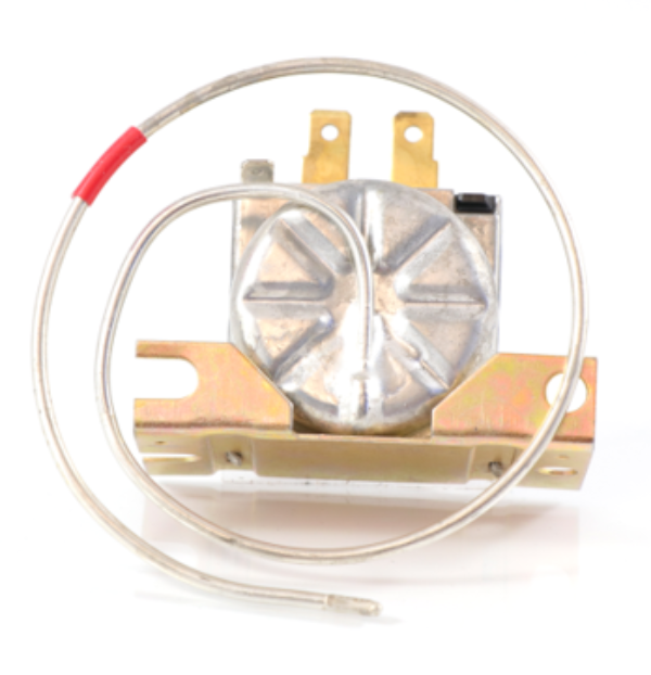 Advance Truck Parts USA 650163 Kenworth thermostat showing a close-up studio perspective of the metallic housing, mounting bracket, and coiled capillary tube