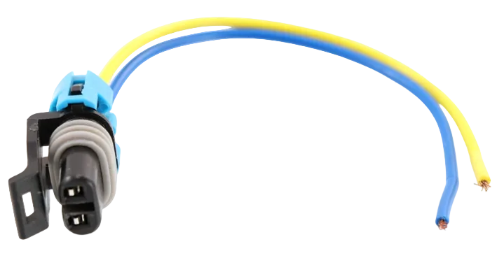 Advance Truck Parts USA 68580 2-pin pigtail connector showing a clean studio view of the connector housing, blue lock, weather seal, and blue and yellow lead wires 