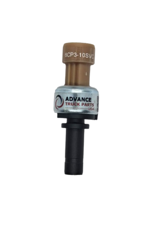 6CP3-10SVC ATP pressure switch for Paccar, Kenworth, and Peterbilt trucks featuring a tan connector top and black 1/4 inch tip on a plain background