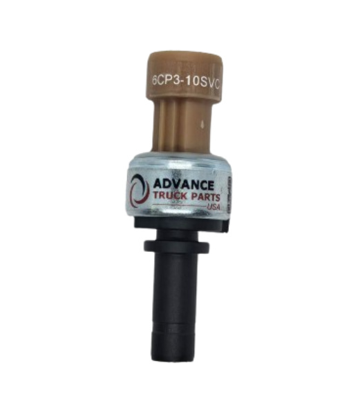 6CP3-10SVC ATP pressure switch for Paccar, Kenworth, and Peterbilt trucks featuring a tan connector top and black 1/4 inch tip 