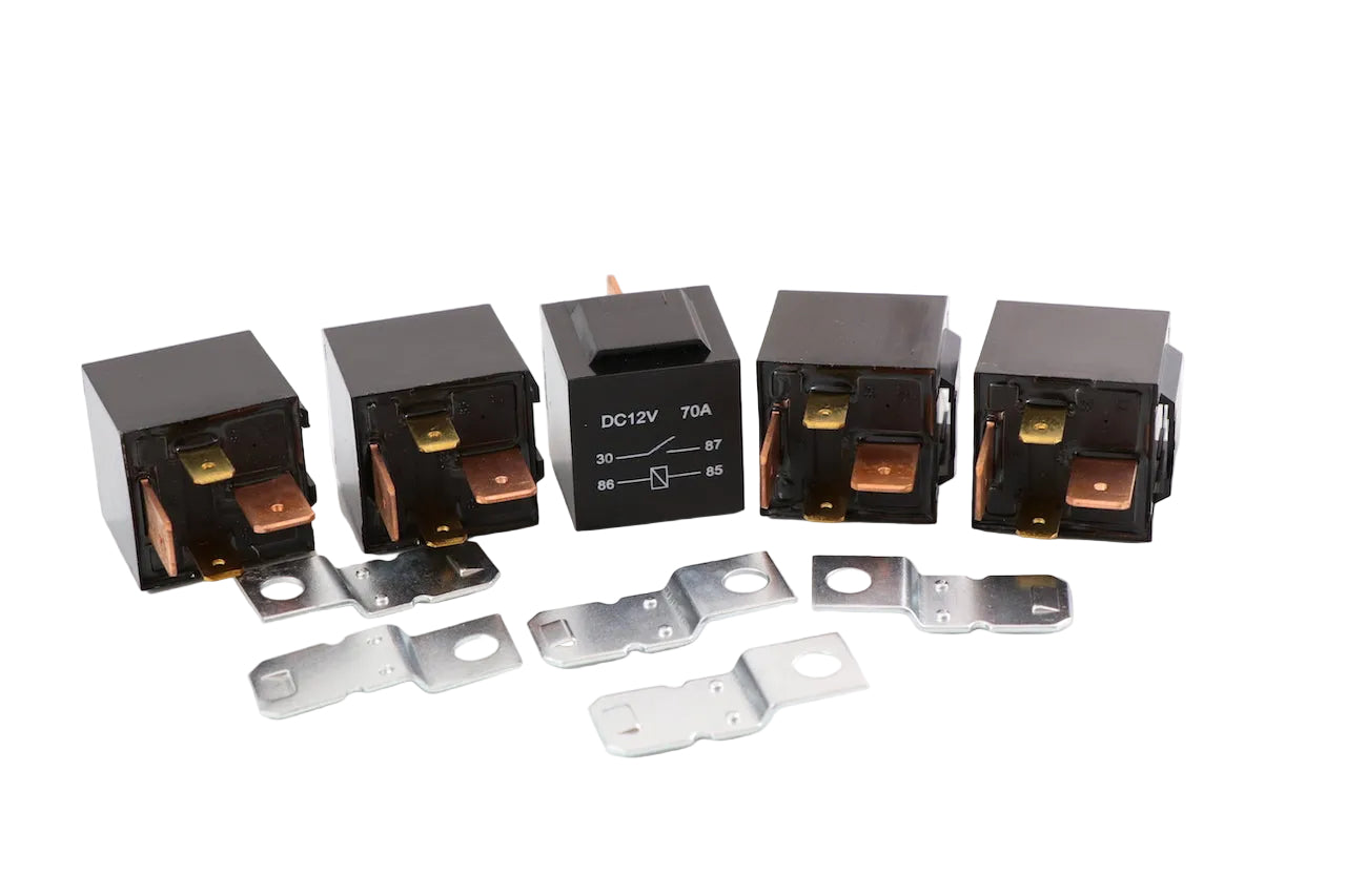 Advance Truck Parts USA 777-019 12V 4-pin 70-amp heavy duty relay showing multiple sealed relay units and detachable metal mounting brackets in a studio perspective