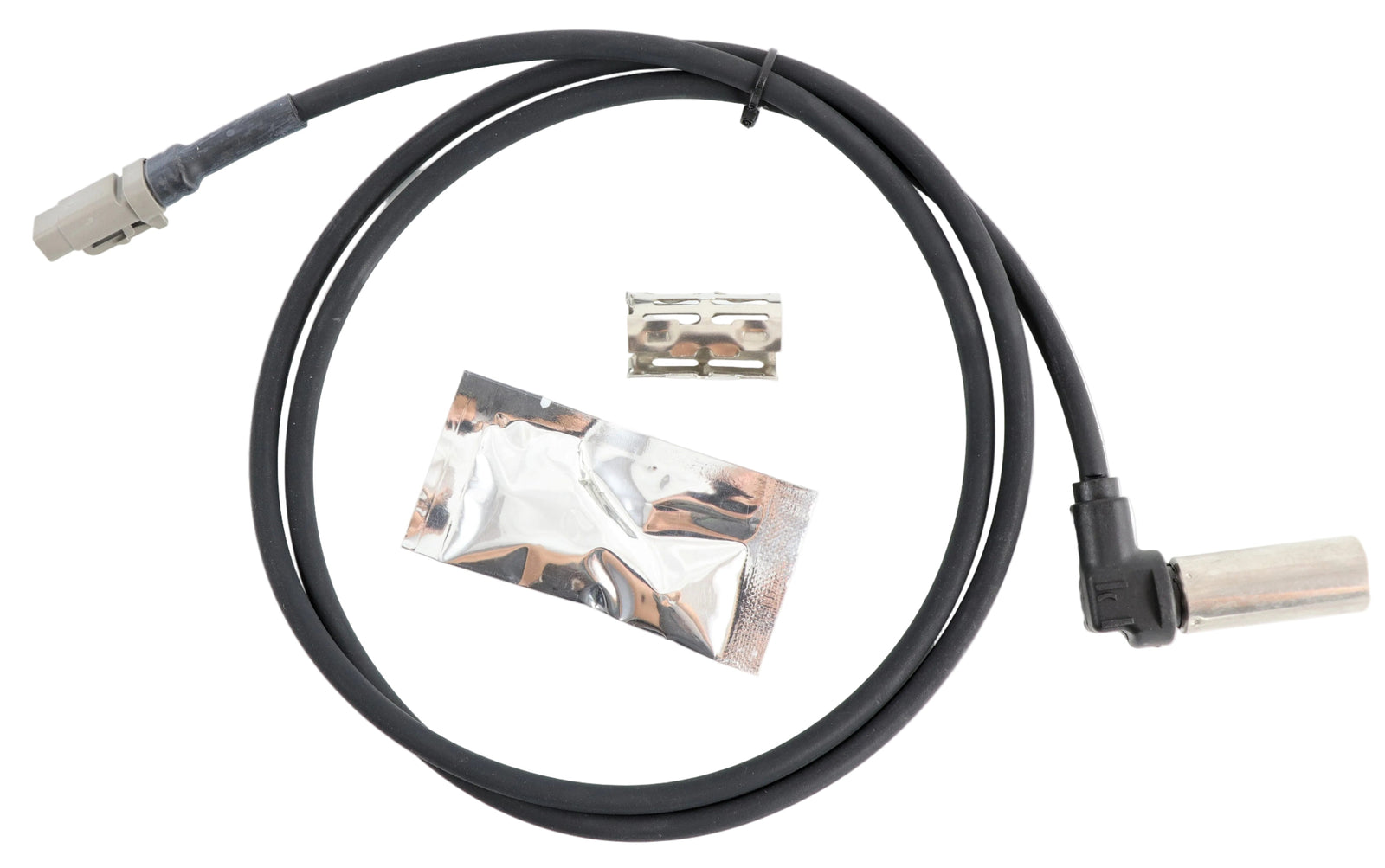 Advance Truck Parts USA 801548 right angle ABS sensor kit showing a studio view of the 90-degree sensor probe, 50-inch cable, dielectric grease packet, and mounting clip
