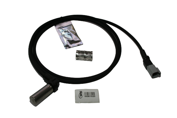 Advance Truck Parts USA 801549 right angle ABS sensor kit showing a studio view of the sensor probe, 63-inch cable, dielectric grease packet, and retaining clip