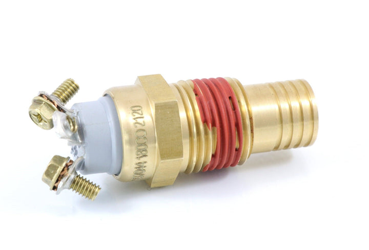 Advance Truck Parts USA Index 8037044 180 degree temperature control fan switch showcasing the heavy-duty brass housing, red thread sealant, and two brass screw terminals