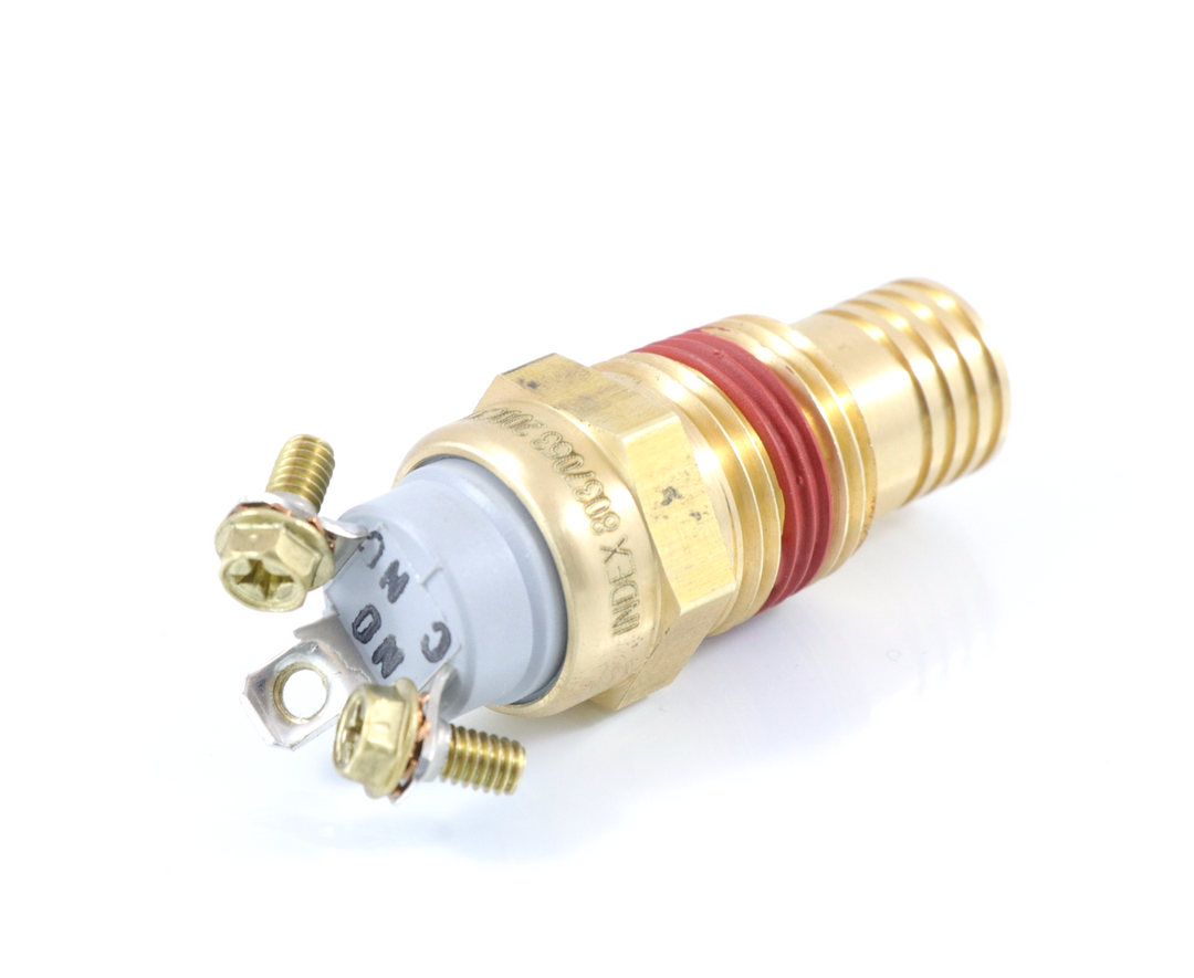 8037053 8037053P ATP thermal fan switch 200 degree featuring a brass threaded housing, red sealant, and screw terminals on a plain background