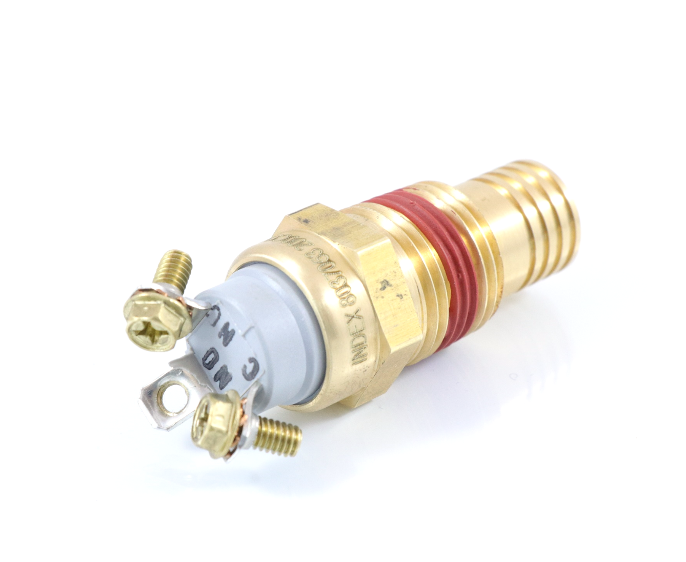 8037053 8037053P ATP thermal fan switch 200 degree featuring a brass threaded housing, red sealant, and screw terminals on a plain background