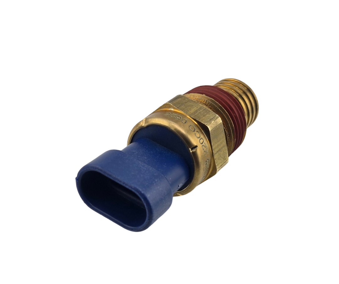 Advance Truck Parts USA 8037328 temperature control fan switch showcasing the brass hex body, red thread sealant, and blue oval connector housing