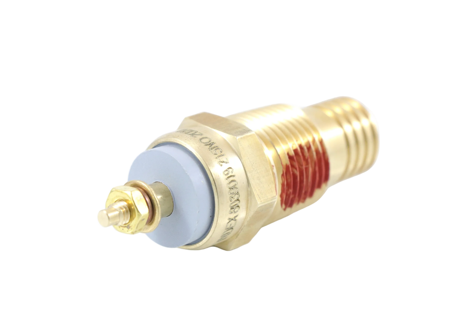 Advance Truck Parts USA 8039019 temperature switch showing a clean studio view of the brass housing, red thread sealant, and 8-32 screw terminal on a plain white background