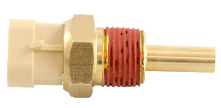 Advance Truck Parts USA 8073906 engine oil temperature sensor for Mack and Volvo trucks showing a clean studio view of the brass probe, thread sealant, and electrical connector housing on a plain white background