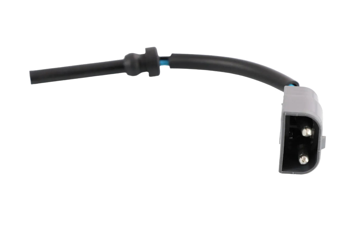 Advance Truck Parts USA 8140024 Volvo coolant level sensor showing a close-up studio perspective of the probe, rubber grommet, wiring harness, and 2-pin connector