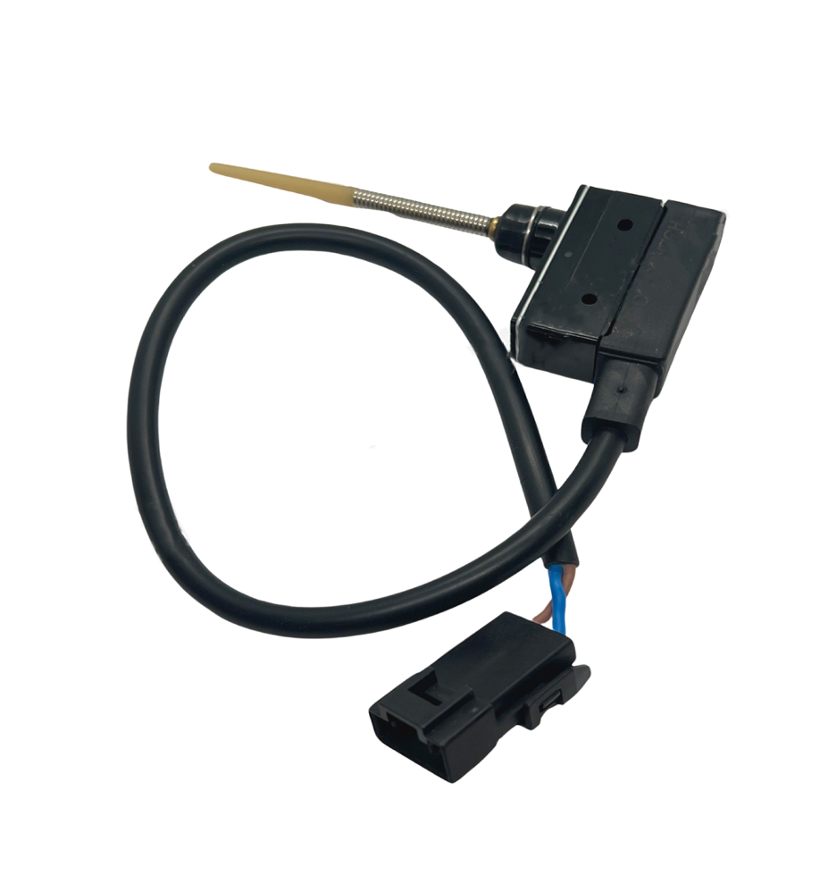 Advance Truck Parts USA 82281451 Mack clutch switch featuring micro switch housing, extended plunger actuator rod, lead harness wire, and 2-pin electrical connector
