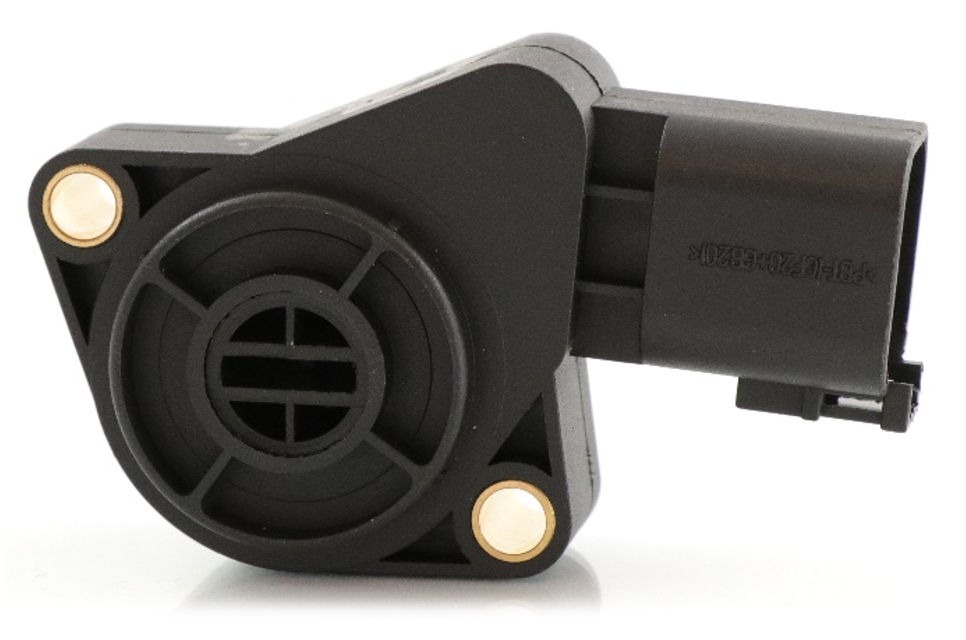 Advance Truck Parts USA 85109590 throttle position sensor for Volvo trucks showing a clean studio view of the black sensor housing, mounting tabs with metal eyelets, and connector port on a plain white background