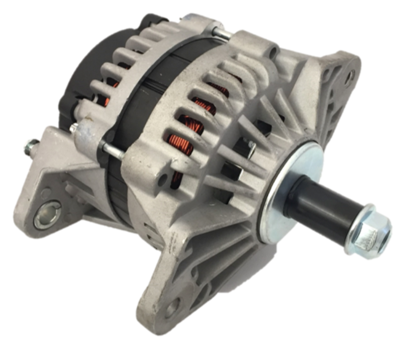 Advance Truck Parts USA 8600310 Delco style 24SI 160 amp alternator showing a clean studio perspective of the aluminum housing, cooling fins, and drive shaft