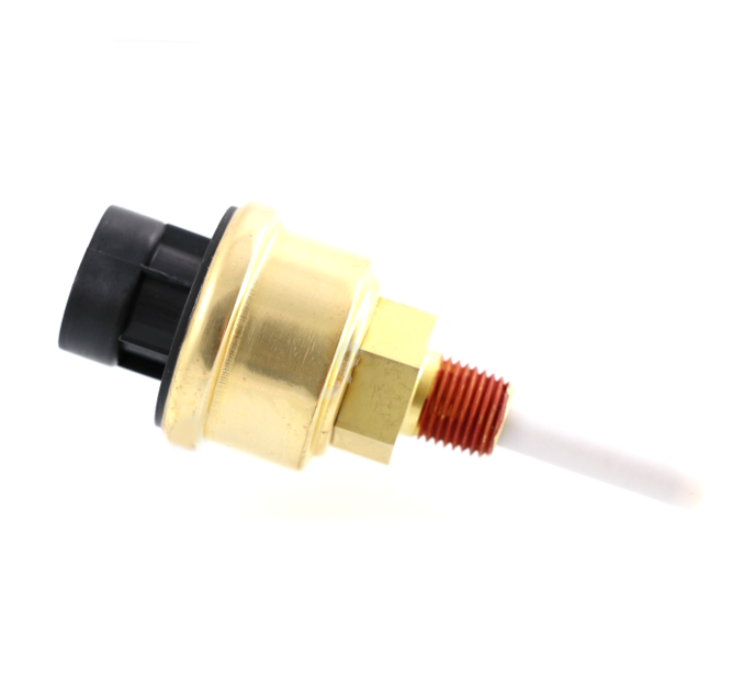 Advance Truck Parts USA 86714A2 Peterbilt heavy-duty coolant sensor featuring brass body, red-thread coated shank, extended thermal probe tip, and black connector housing